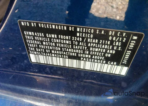 2012 Volkswagen Jetta 2.0L Tdi из США, поврежденный, VIN 3VW3L7AJ4CM420105